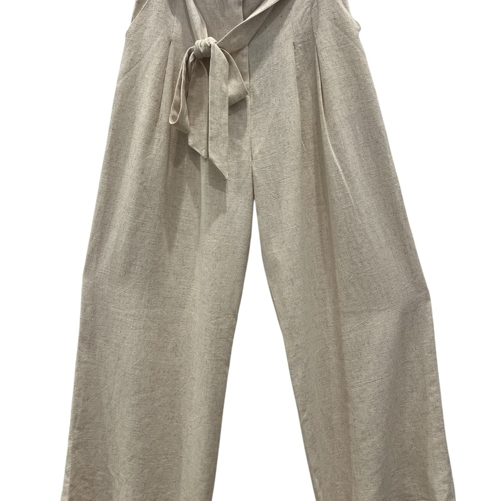 Lulus Beige Linen Blend Wide Leg Pants Tie Waist High Rise Size M NWT